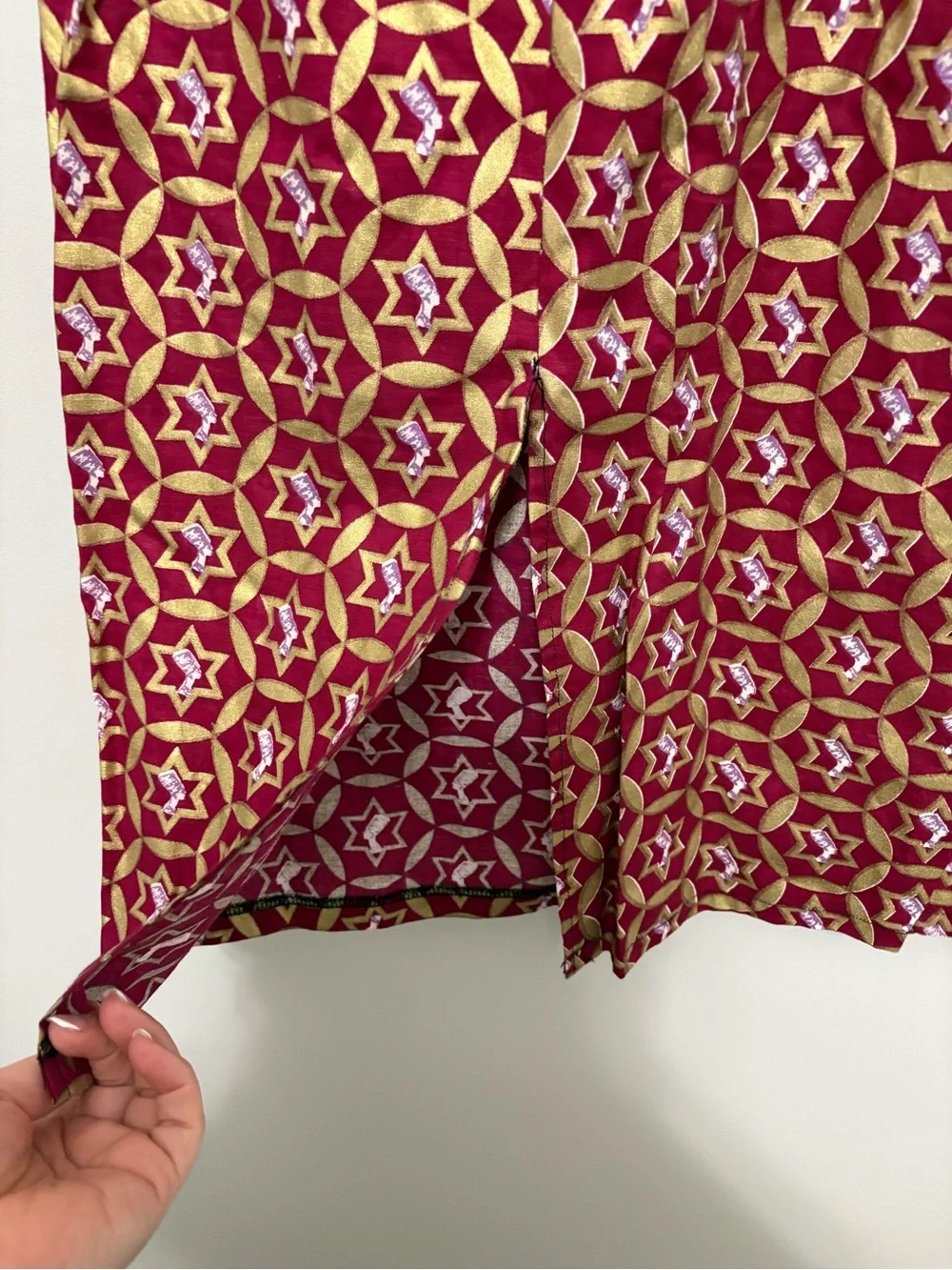 Handmade African Print Burgundy Gold Geometric Midi Maxi Skirt